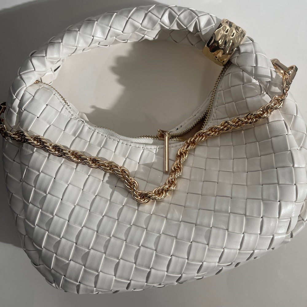 Elegant White Woven Handbag with Gold Accents